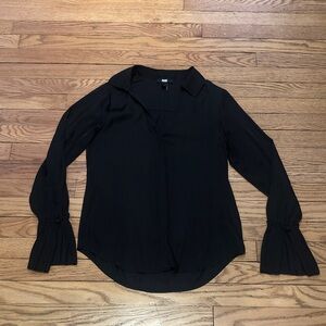PAIGE Black Satin Abriana Button Down Top with ruffle cuff detail. Size XS